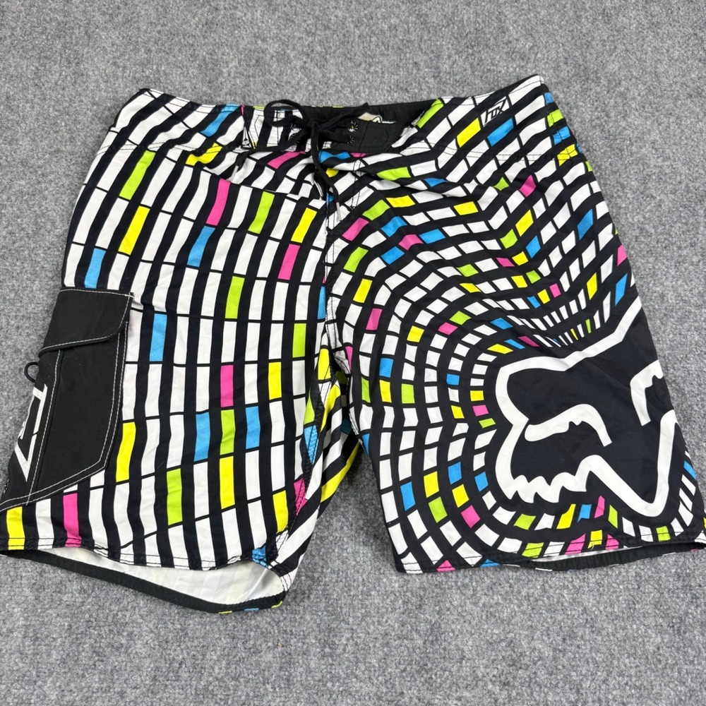 VTG Fox Racing Board Shorts Mens 38 Multicolor Geometric Cargo Swim Trunks Y2K